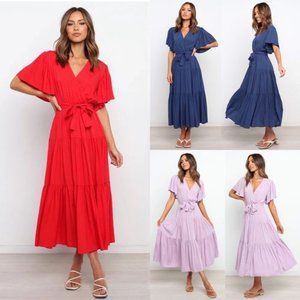 RED/NAVY/PURPLE V-neck Flutter Sleeve Maxi Dress